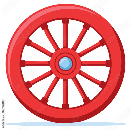 Bright red vintage wooden wagon wheel with twelve spokes and a central hub cartoon illustration