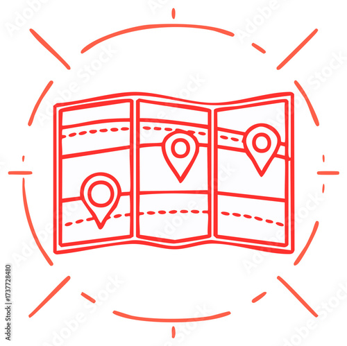 Folded travel map with route and destination pins, navigation concept line art illustration.