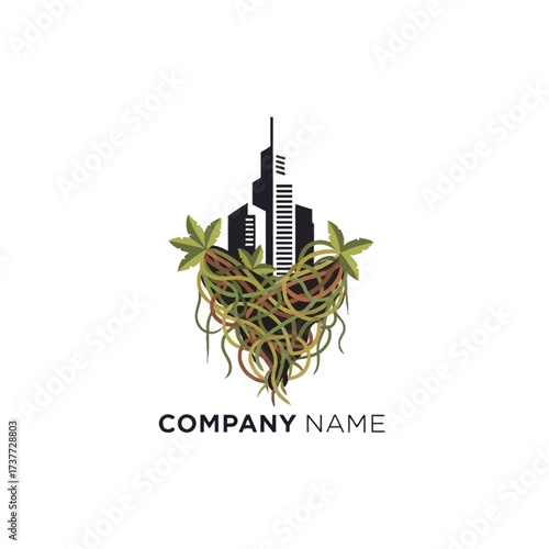Urban Jungle Logo with Cityscape, Roots, and Green Leaves.
