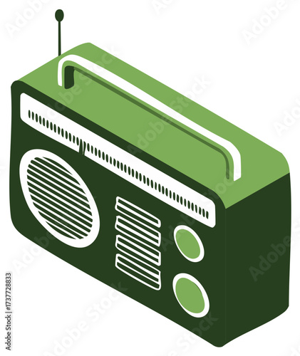 Green Retro Radio Illustration Isometric View of an Old Portable Stereo System
