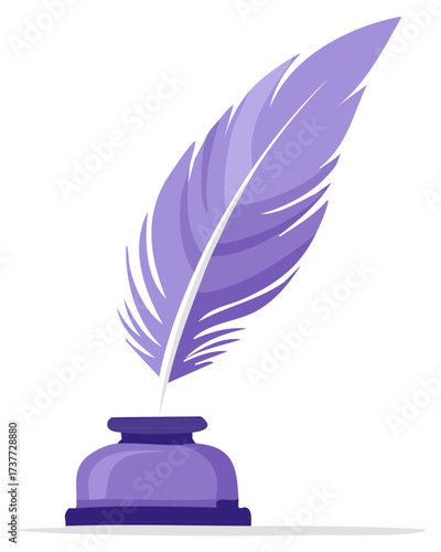 Vintage purple quill pen and inkwell vector illustration for writing