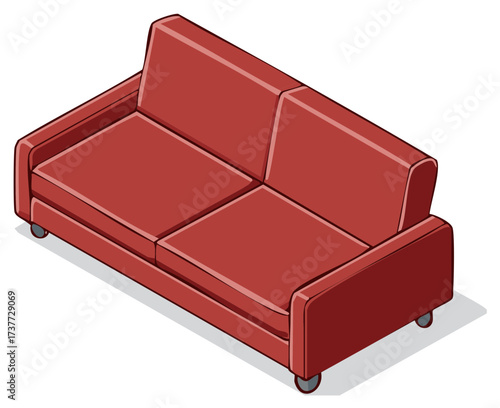 Isometric Drawing of a Two Seater Sofa with Cushions and Casters, Rendering of Living Room Furniture