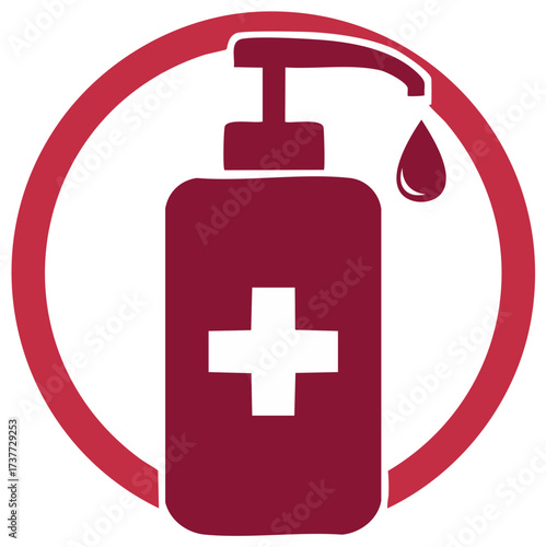 Medical hand sanitizer dispenser graphic in a circle, safety and hygiene symbol