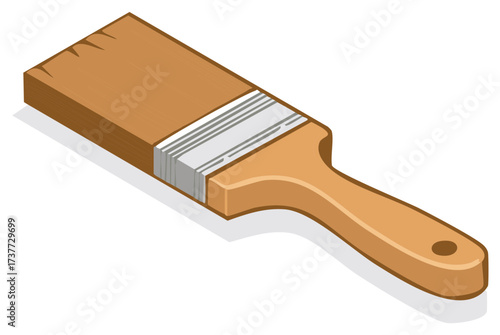 Isometric vector illustration of a new paint brush with a wooden handle and brown bristles.