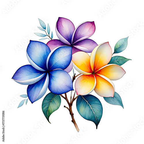 Colorful Watercolor Plumeria Flowers on Black Background Artwork for Design
