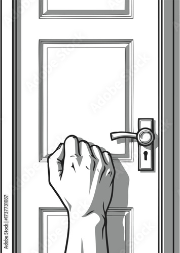A close-up black and white illustration of a hand with a clenched fist knocking on a closed front door