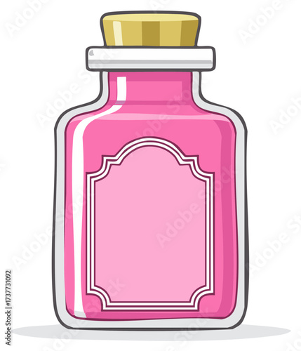 Pink liquid in a decorative glass bottle with a cork stopper and label space