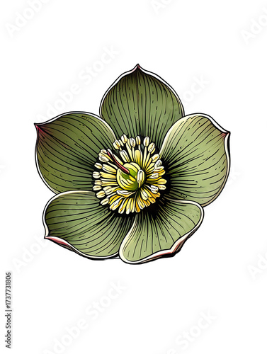 Detailed hellebore flower illustration on a stark black background art