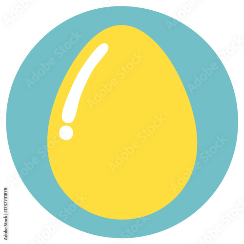 Vibrant yellow chicken egg symbol with a glossy highlight on a light blue round background