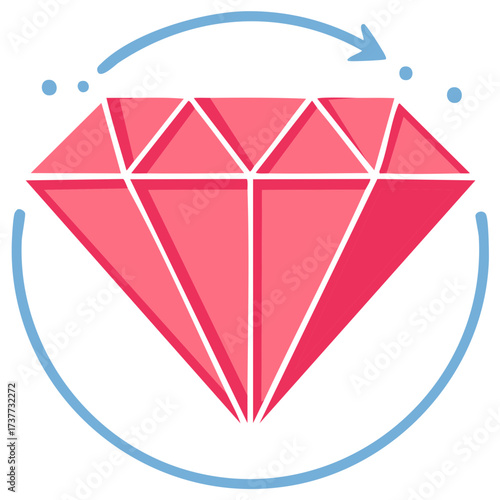 Pink diamond emblem with blue circular arrow and dots symbolizing process or rotation