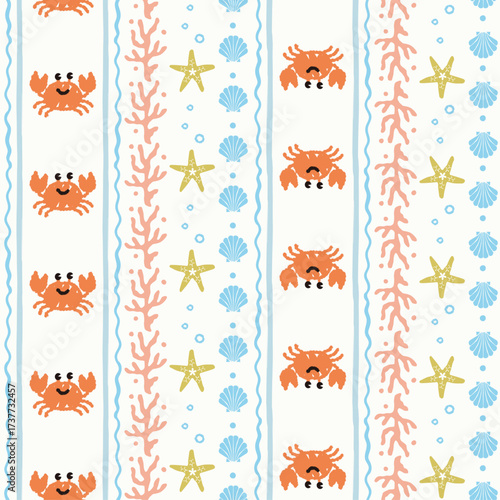 Vector seamless pattern of cute crab with seashells.