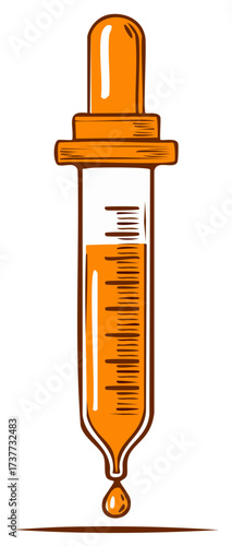 Hand drawn illustration of a laboratory dropper with a drop of orange liquid