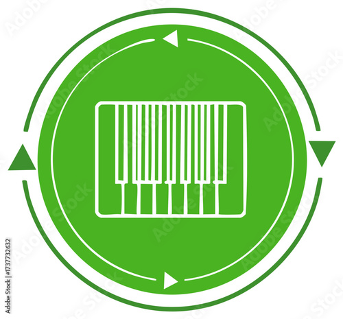 Recycle Piano Icon in Green Circle with Arrows, Environmental Music Design