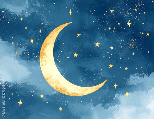 Night sky with crescent moon and stars