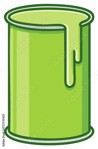 Overflowing can of light green paint dripping down the side cartoon vector illustration