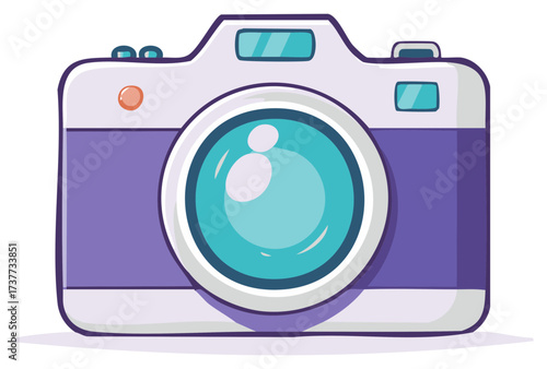 Cute cartoon camera with purple body and prominent turquoise lens capturing memories
