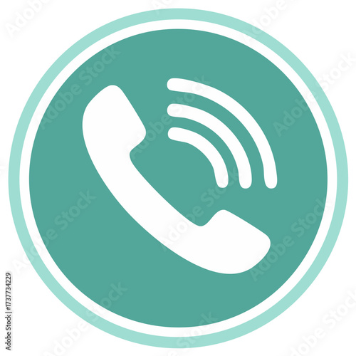 Round teal and white telephone receiver icon with broadcast waves for telecommunications