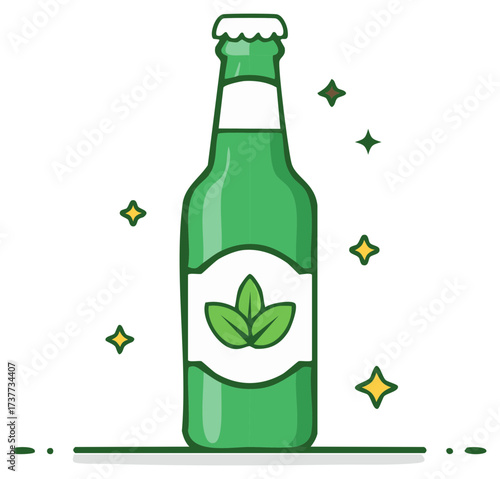 Green beverage bottle with leaf emblem and sparkling stars illustration