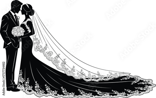 Romantic wedding couple silhouette — bride in lace gown with long veil, groom in suit, intimate kiss moment, elegant marriage, love celebration, timeless union.