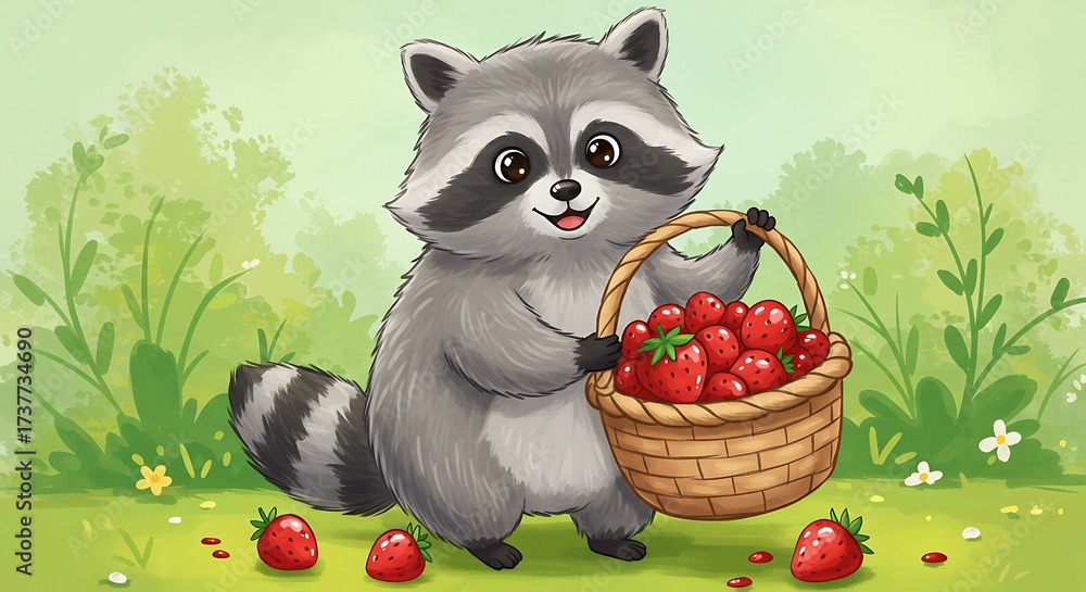 Fototapeta premium Cute Raccoon Holding a Basket Full of Strawberries in a Forest.