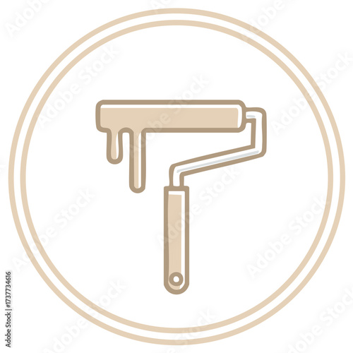 Paint roller with dripping paint in circle frame, icon for home improvement or renovation projects, neutral tones