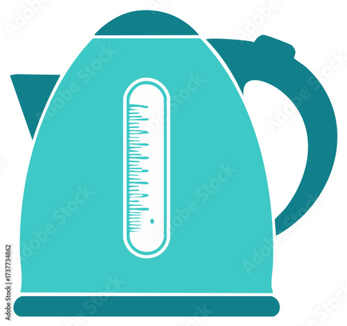 Modern electric kettle with water level indicator and handle in teal and dark blue illustration