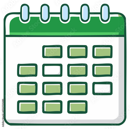 Vibrant cartoon style calendar illustration with green rings and empty date squares for planning