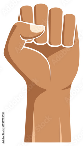 Raised brown fist symbol of power unity protest and solidarity against a white background
