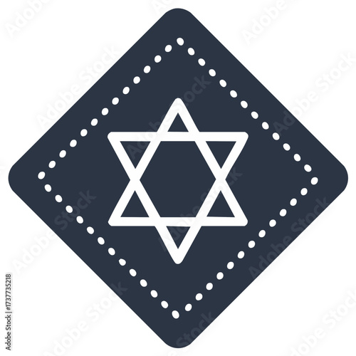 White Star of David symbol on a dark diamond shape with dotted border representing Judaism and faith