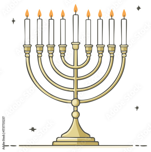 Nine-Branched Golden Menorah with Lit Candles and Sparkles