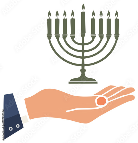 Hand presenting Hanukkah menorah with burning candles holiday illustration