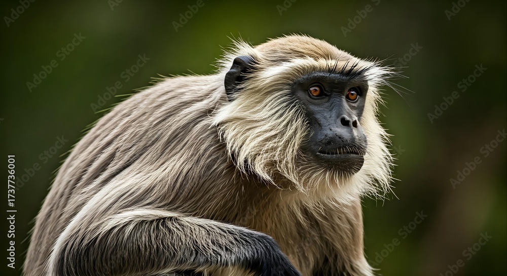 Fototapeta Close-up portrait of a gray langur monkey with a blurred green forest background, conveying a calm and natural mood.