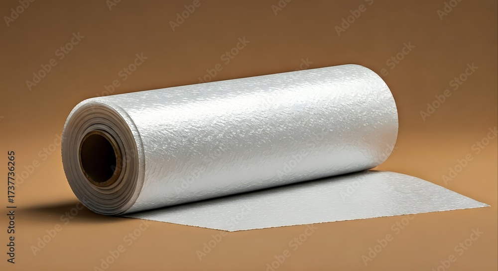 Fototapeta premium Close-up of a roll of silver insulation material on a brown background with a sheet unrolled.
