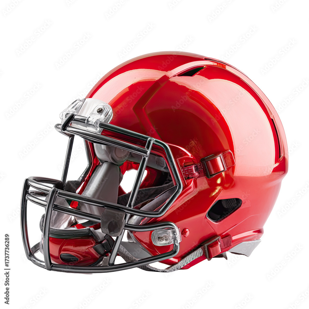 Fototapeta premium Glossy red football helmet with black facemask, angled slightly to the left, showcasing its sleek design and protective features
