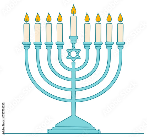 Hanukkah Menorah with Nine Lit Candles and Star of David for Holiday Celebrations