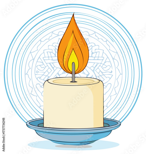 Illuminated Cream Candle Burning Brightly Above a Blue Saucer with Circular Pattern Background