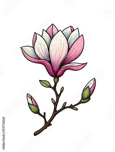 Hand drawn magnolia flower branch isolated on black background illustration