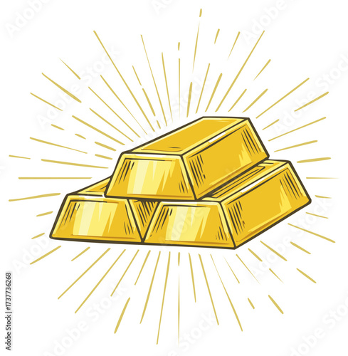 Stack of gleaming gold bars radiating bright sunlight rays and positive energy, symbolizing wealth and success.