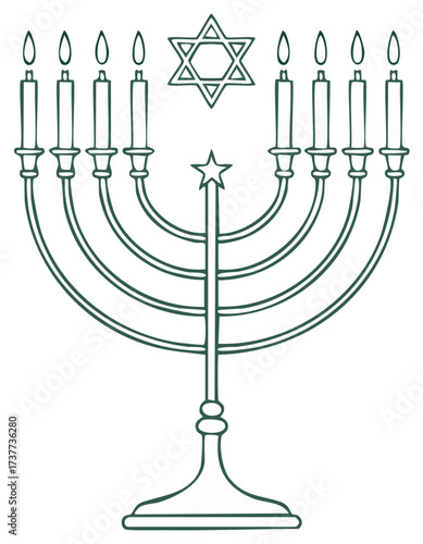 Line drawing of menorah with candles and Star of David symbol for Jewish holiday.