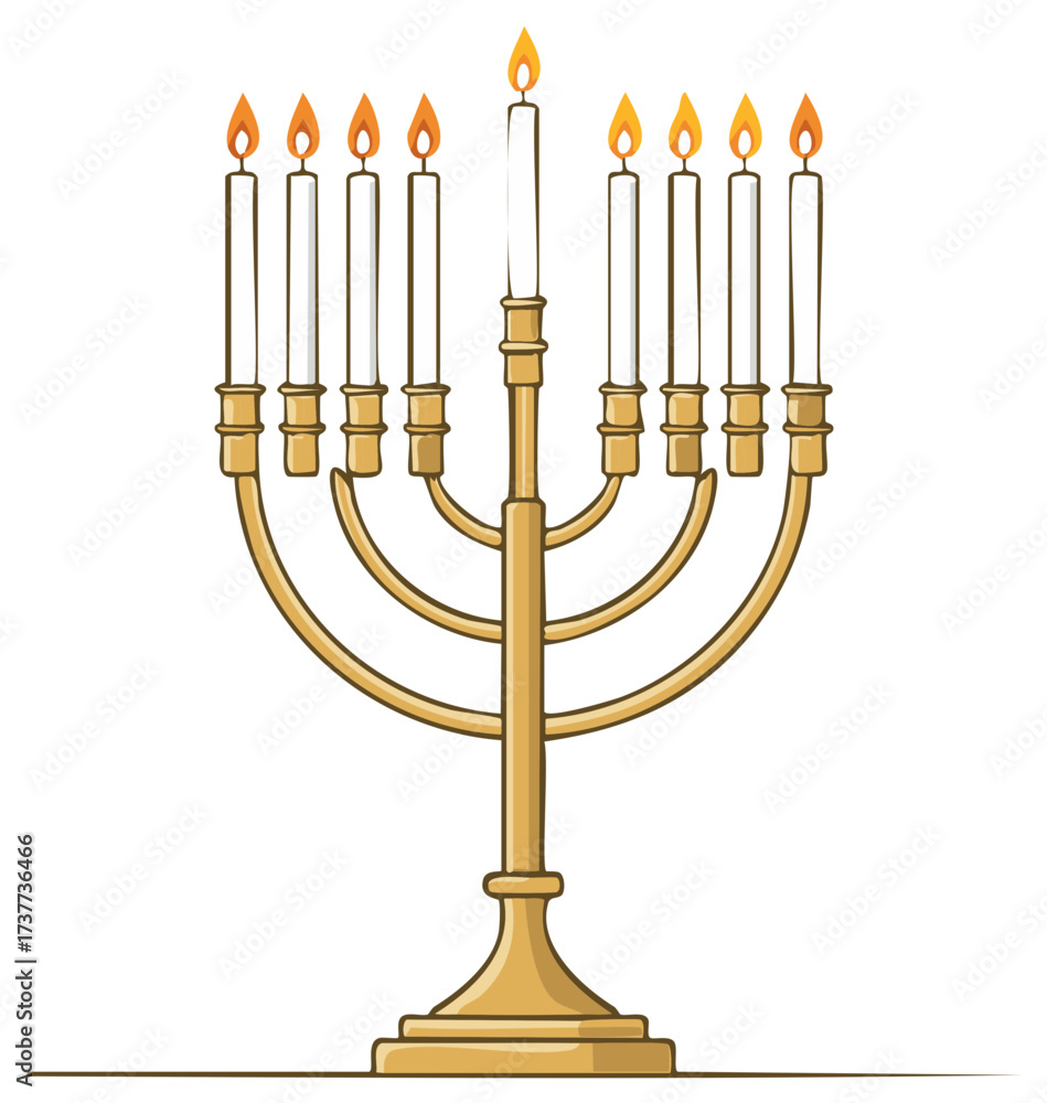 Fototapeta premium Golden Menorah with Nine Lit Candles and Flames