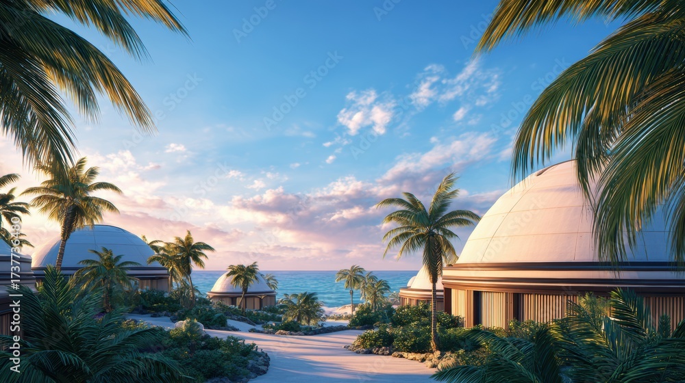 Fototapeta premium Serene coastal resort with dome-shaped villas surrounded by palm trees and a vibrant sunset sky