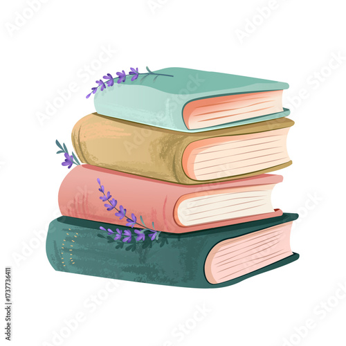 Cartoon book stack with blooming flowers of lavender vector illustration isolated on white background. Library literature, reader club, festival mascots, cute floral bouquets and old literature.