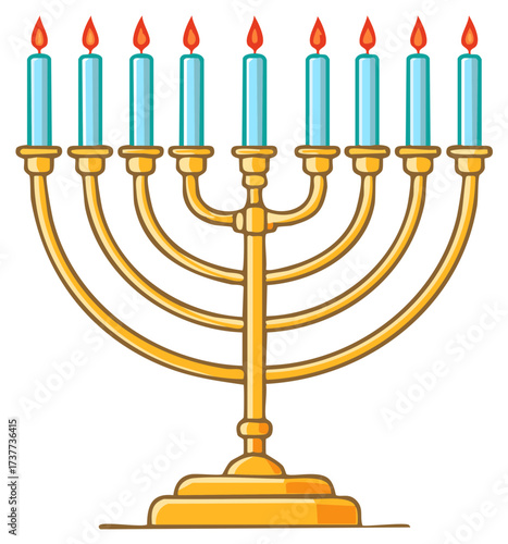 Golden Hanukkah menorah with nine lit blue candles illustration for Jewish holiday celebration