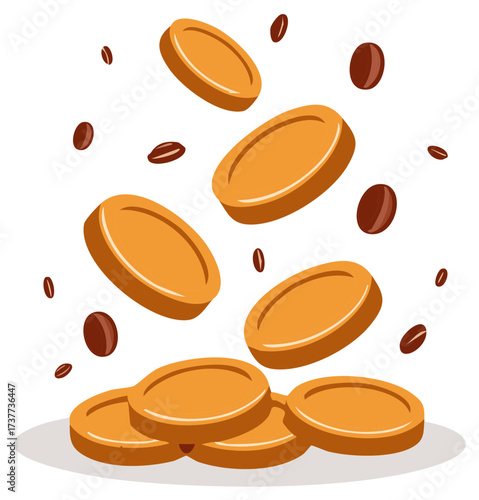Golden Coins and Coffee Beans Falling and Piling Up Flat Vector Illustration