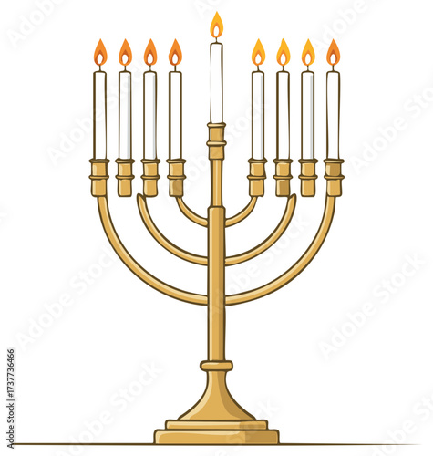 Golden Menorah with Nine Lit Candles and Flames