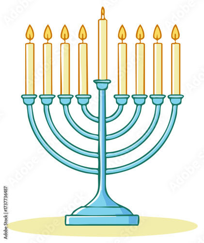 Blue Hanukkah Menorah with Burning Candles Cartoon Illustration