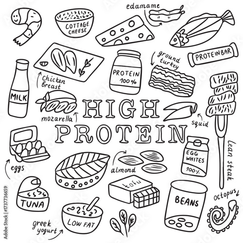 High-protein foods line art set: fish, chicken, shrimp, eggs, egg whites, cottage cheese, yogurt, cheese, beans, tofu, edamame, almonds, steak and protein bar. Black and white vector.