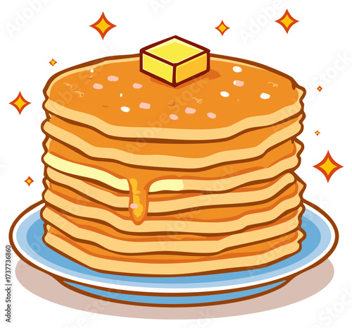 Golden stack of fluffy pancakes with melting butter and sweet syrup on a blue plate.