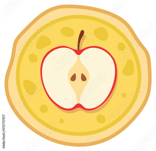 Golden round pastry dessert with a stylized red apple half a delicious sweet treat food illustration