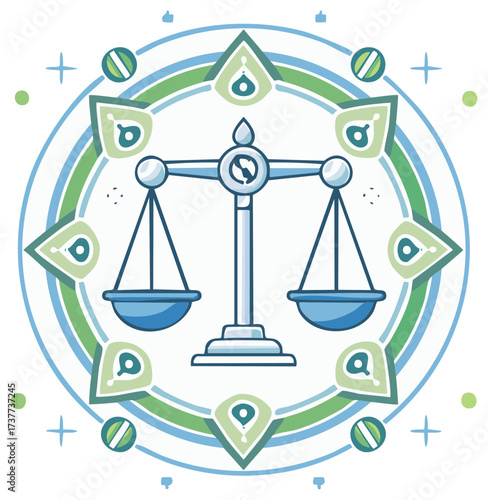Stylized Scales of Justice in Circular Abstract Design with Geometric Accents